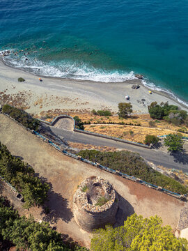 Bova Marina, Italy/Calabria, province of Reggio Calabria, The beach from Rocca del Capo, in the foreground the 16th century Saracen tower