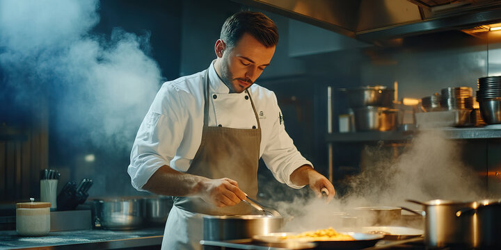 Hardworking Caucasian male chef in apron, cooking in kitchen