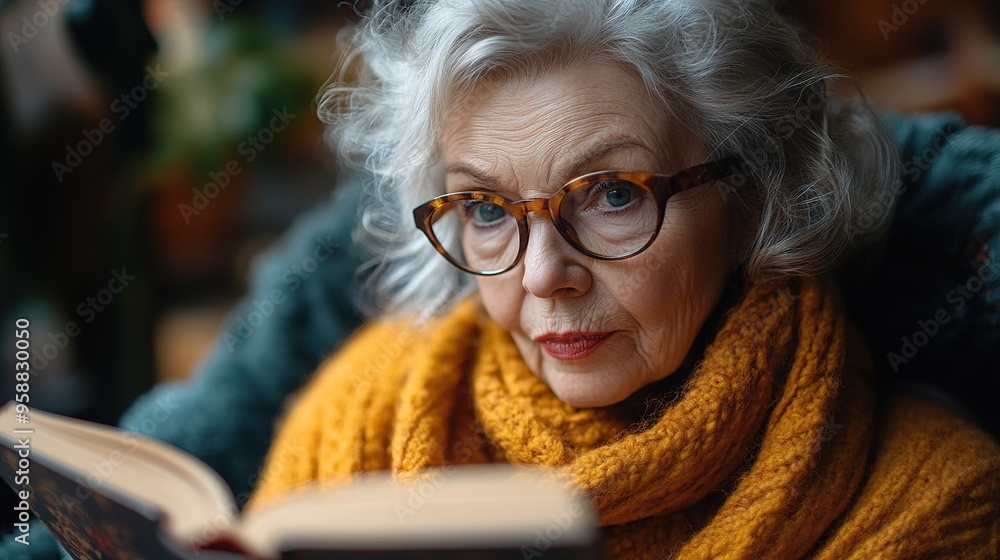 Wall mural beautiful elderly woman reading book at home having relaxing moment hygge for senior grandmother with reading glasses and captivating book