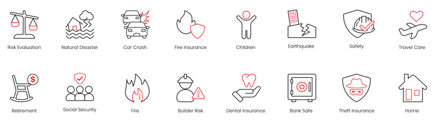 Risk Evaluation, Natural Disaster, Car Crash, Fire Insurance, Children, Earthquake, Safety, Travel Care, Retirement, Social Security, Fire, Builder Risk, Dental Insurance, Bank Safety, vector icons 