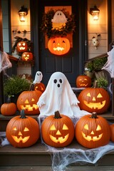 Obraz premium Porch decorated with glowing jack-o-lanterns and a ghost for Halloween night