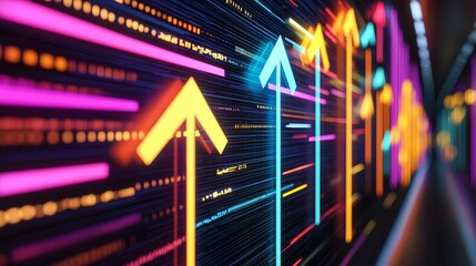 Fototapeta premium Colorful arrows in a digital space filled with data streams, upward movement symbolizing success and technological progress