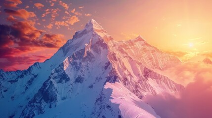 Obraz premium Snowy rocky mountain peak wallpaper, hiker adventure, evening light cloudy sky background.