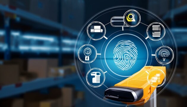 Electronic inventory management concept. logistics tech. RFID. Barcode reader.