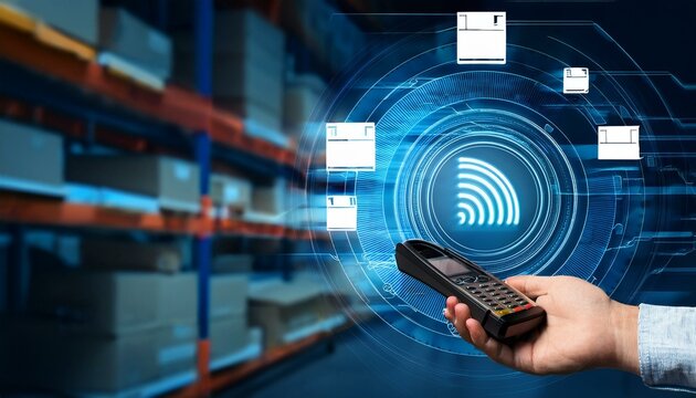 Electronic inventory management concept. logistics tech. RFID. Barcode reader.