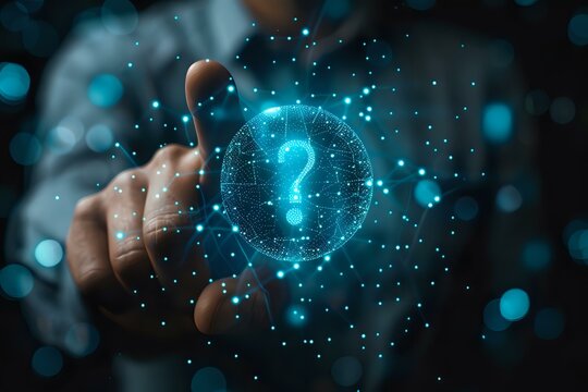 A businessman interacts with a futuristic holographic question mark, symbolizing inquiry, curiosity, and problem-solving in business technology and innovation.