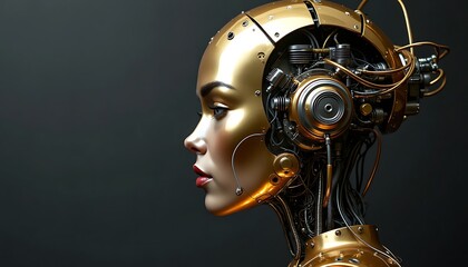 A close-up profile of a robotic woman with gold skin and exposed wires and gears.