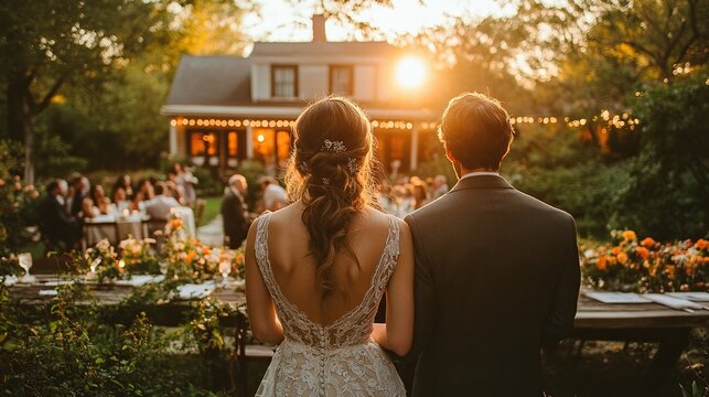 bride groom and guests at wedding reception outside in the backyard