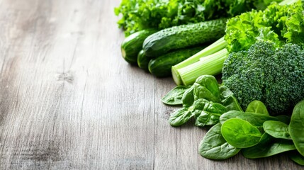 Fresh green vegetables like broccoli, spinach, lettuce, and cucumbers on a rustic wooden table, promoting healthy eating and organic produce.