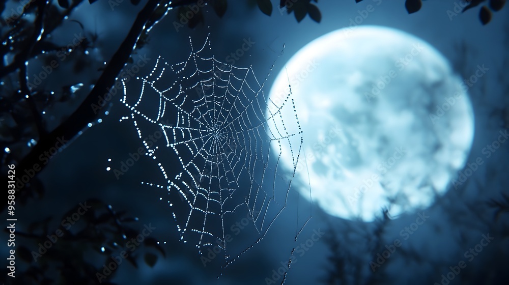 Poster a 3d rendered spider web glistens in the moonlight with a full moon in the background creating a ser