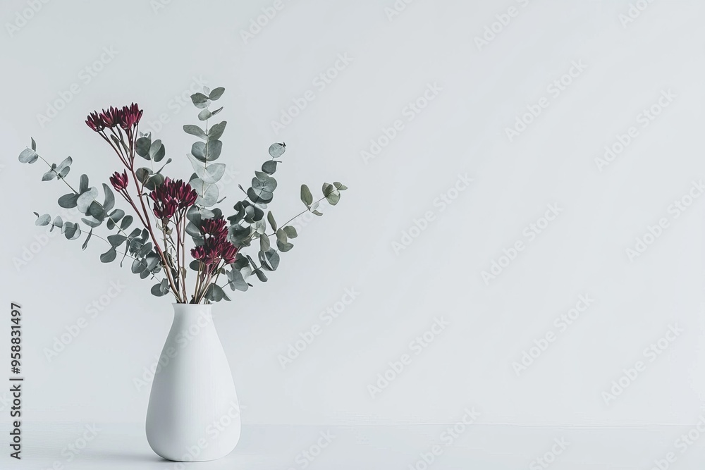 Poster An Australian native red waratah flower and eucalyptus leaves in a stylish ceramic vase on a white table.