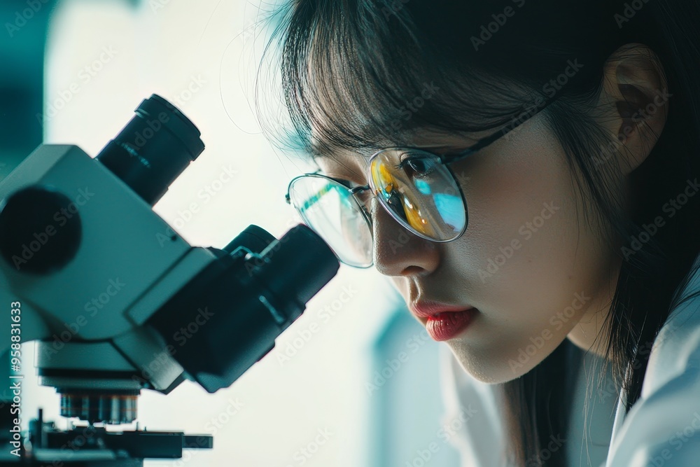 Poster the lab worker studies the raw meat sample under the microscope