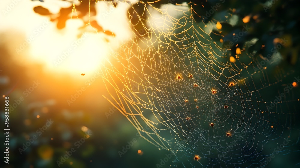 Poster Close up 3D Rendered Image of a Spider Web Trapping Tiny Insects Depicting the Circle of Life