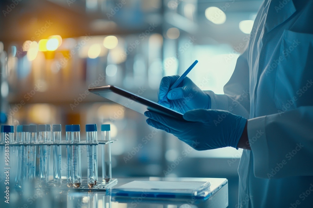 Poster a technician scientist conducts a biotechnology experiment in a laboratory.