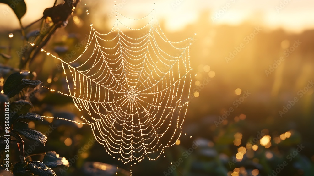 Poster delicate 3d rendered spider web with dew drops resembling intricate lace texture