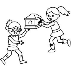 Superhero kids stopping a bank robbery,