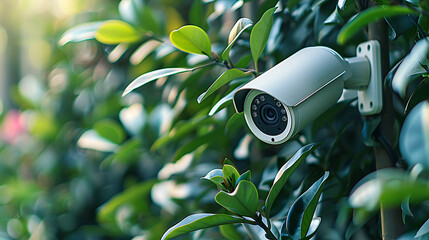 Integrated Outdoor Security Camera in Green Garden. cc tv
