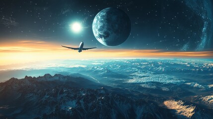 Airplane Soaring Over Cosmic Landscape