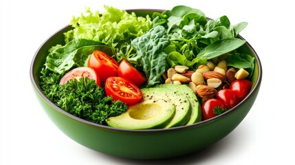 Fresh nutrient-rich salad bowl with avocado, cherry tomatoes, kale, and mixed greens, ideal for healthy eating and vegetarian recipes.