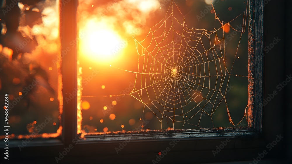 Poster delicate web of light and shadow enveloping a window at sunset