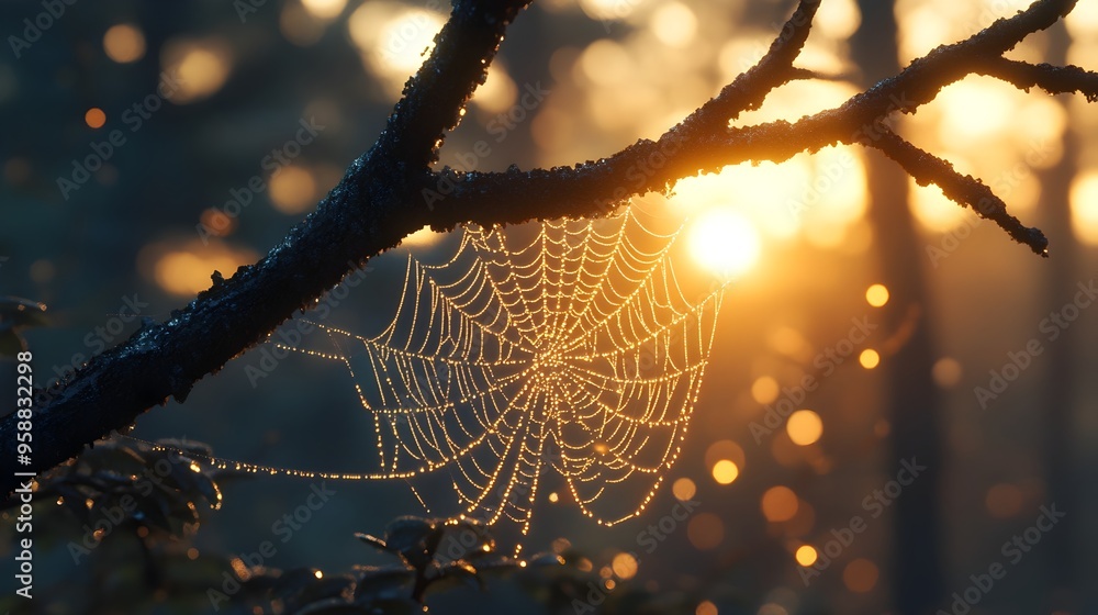 Poster delicate web woven between tree branches capturing the first light of dawn in a serene forest settin