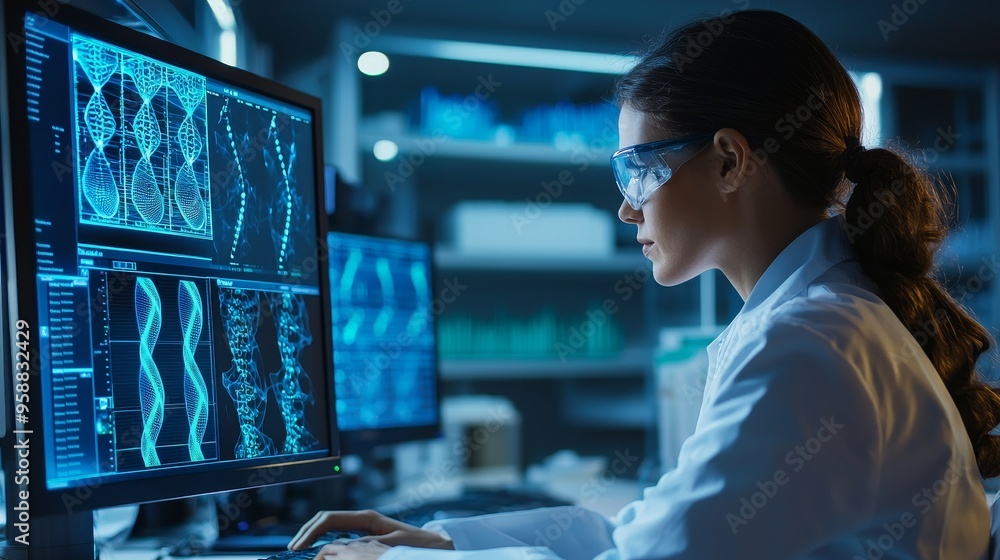 Poster researchers are developing vaccines, drugs, and antibiotics in an advanced medical science laborator