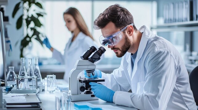 A row of diverse and multi-ethnic young scientists examine chemicals under microscopes, analyze chemicals, converse, and work on problems in an advanced lab.