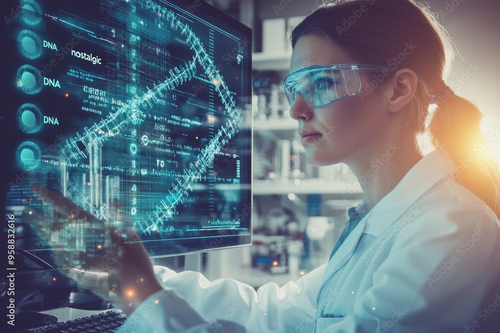 Poster Biotechnology scientist at a computer in a lab developing and testing a new type of vaccine. Chemistry research in science medicine lab developing and testing a new type of vaccine.