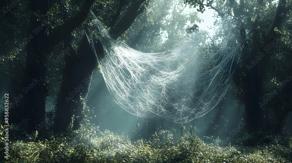 Poster ethereal forest web illuminated by soft filtered light