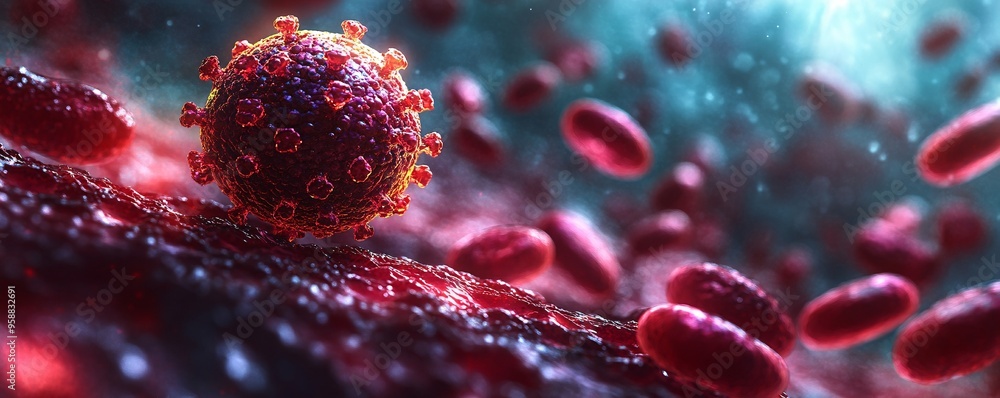 Poster hyper-realistic rendering of dengue virus particle on a blood cell with textures and lighting effect