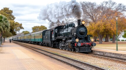 A black steam locomotive races down the tracks in a vibrant autumn landscape, pulling an old train with blue and yellow planks while white smoke billows from its chimney