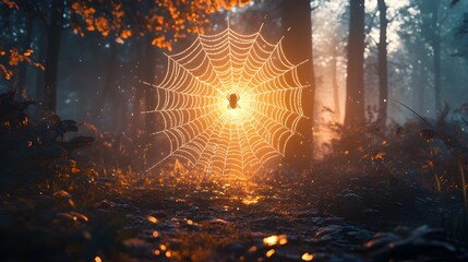 Obraz premium Ethereal Spider Web Catches the First Light in a Mystical Forest