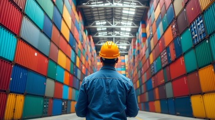 Logistics Supervisor in Colorful Shipping Container Warehouse, A warehouse worker wearing a hard hat stands amidst rows of brightly colored shipping containers. This image portrays efficient logistic.