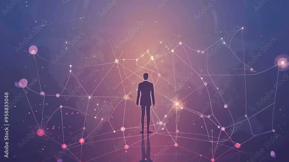 Poster a silhouette of a man standing in front of a network of connected dots and lines representing global