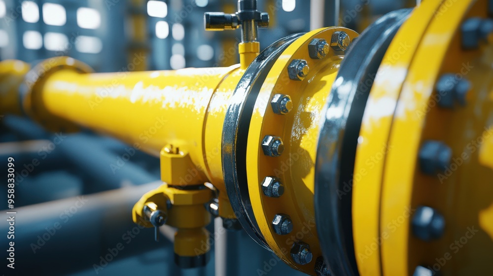 Poster a yellow valve is positioned on a large pipeline, regulating the gas flow within the industrial faci