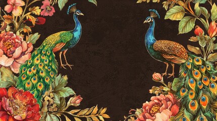 Naklejka premium A peacock frame with watercolor flowers against a black background