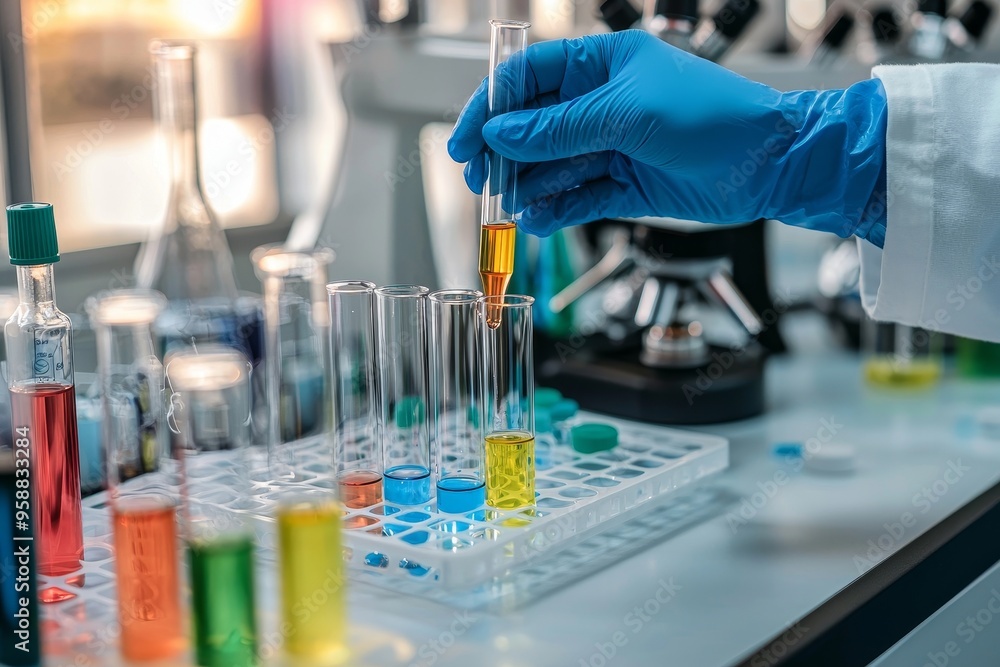 Poster during work in a modern laboratory, an anonymous scientist is pictured in protective gloves shaking 