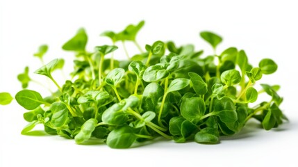 Fresh organic watercress leaves on a white background. Ideal for culinary use in salads, garnishes, and health-focused diets.