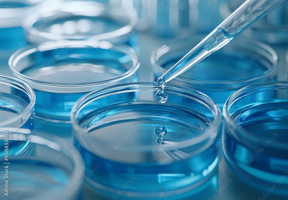 Poster a small drop of scientific sample falls into a microplate from a pipette at a laboratory