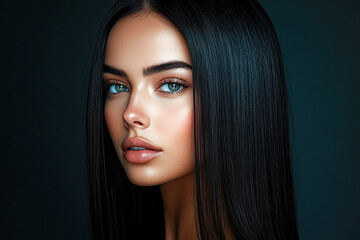 A woman with long black hair and blue eyes