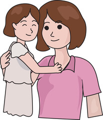 Cartoon mother and daughter illustration on transparent background.
