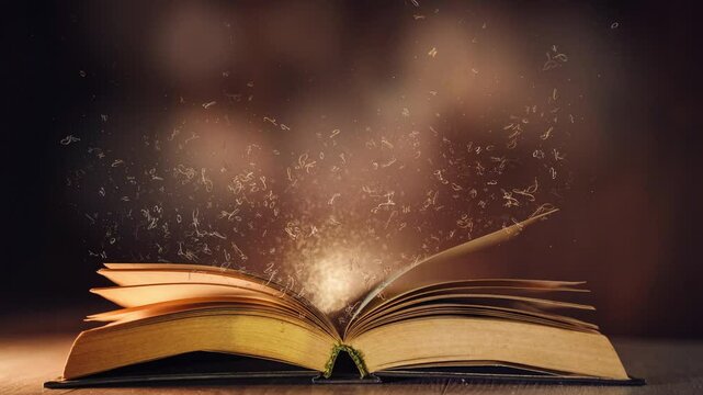 Shining magic book on table. Open paper book glows and sparkles with flying calligraphic alphabet letters. Loop animation.