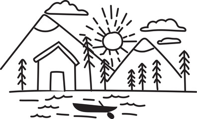 Hand drawn lake illustration on transparent background.
