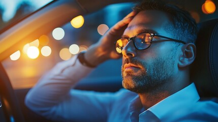 A man sitting in a car at night, experiencing stress while surrounded by city lights and a blurred urban backdrop