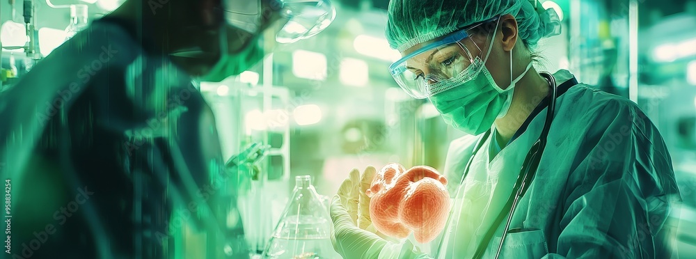 Aufkleber working in the biofood science lab, controlling and analyzing biotechnology experiments