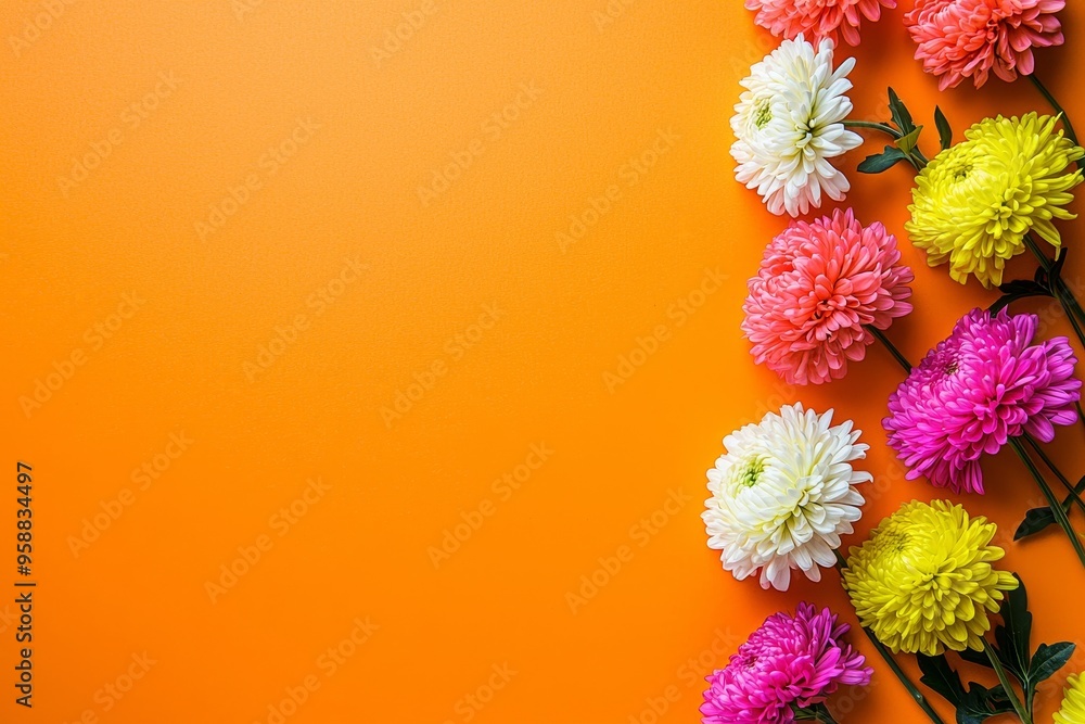 Poster flat lay of chrysanthemums on an orange background. there is room for text.