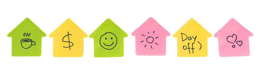 colorful sticky notes with emoji of smile, hearts, dollar sign, coffee, sun, and day off phrase in line on white background