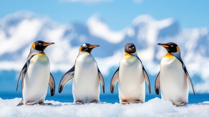 Fototapeta premium Four charming penguins standing together on a snowy landscape with a stunning icy backdrop under a clear blue sky.