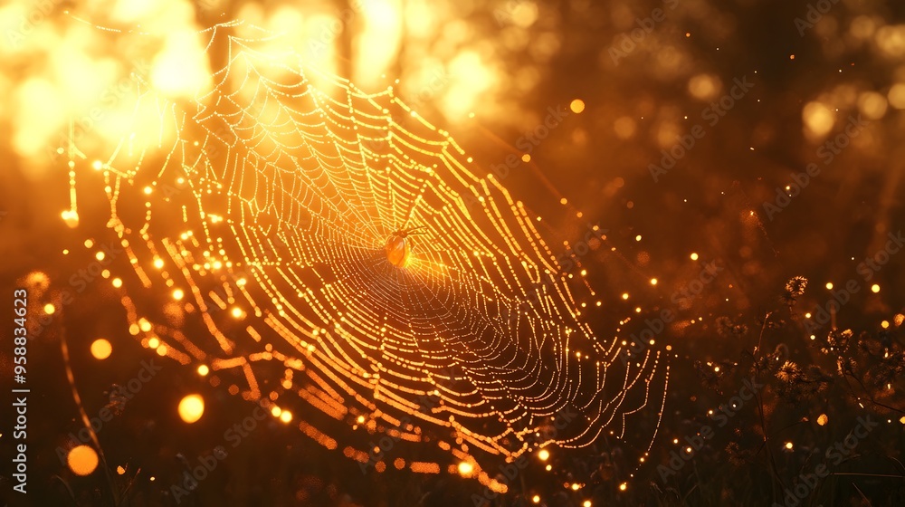Poster glowing intricate web with spider resting at center in golden dawn light