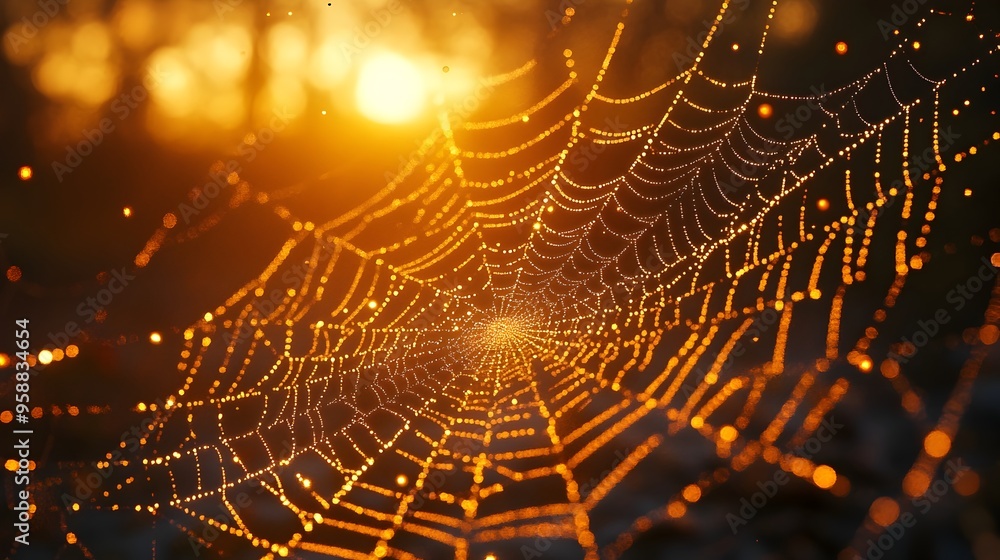 Poster glowing spider web illuminated by the ethereal glow of the setting sun